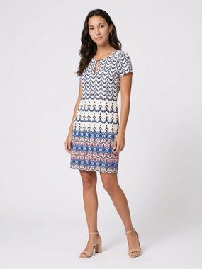 Jessica Simpson White Shift Dress with Navy & Coral Pattern